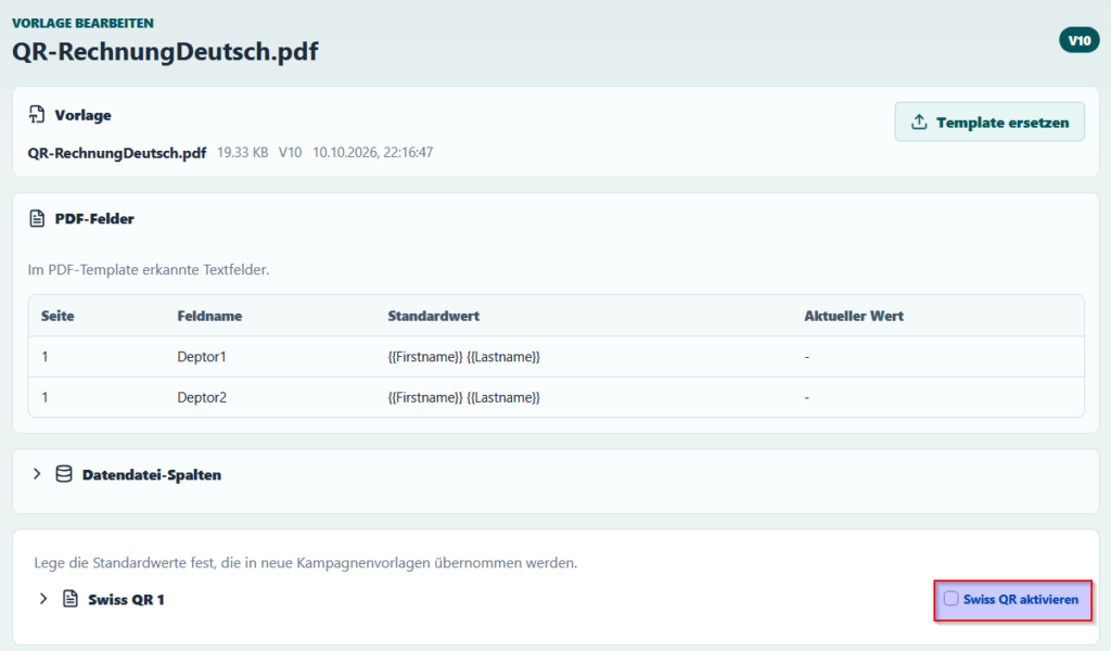 Enabling Swiss QR 1 in template settings